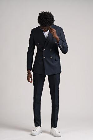 Adimo Slimfit Sivri Yaka Çift Yırtmaçlı Çizgili Kruvaze Takım Elbise 