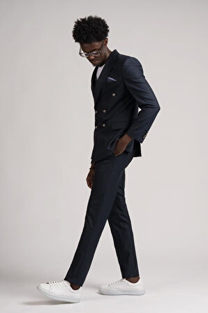 Adimo Slimfit Sivri Yaka Çift Yırtmaçlı Çizgili Kruvaze Takım Elbise 