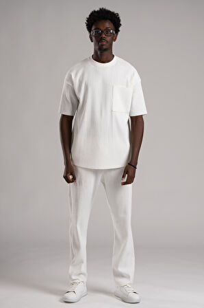 Kendinden Çizgili Oversize(Bol Kesim) Pantolonlu Alt Üst T-shirt Takım