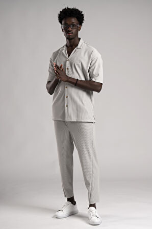 Kendinden Çizgili Oversize(Bol Kesim) Kısa Havuç Pantolon Gömlekli Takım