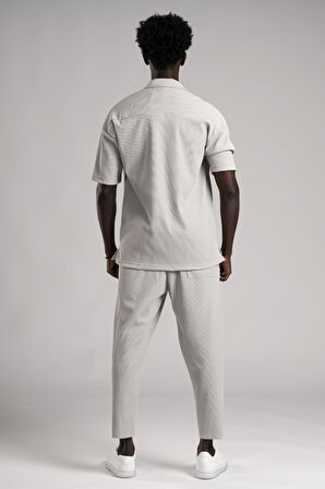 Kendinden Çizgili Oversize(Bol Kesim) Kısa Havuç Pantolon Gömlekli Takım