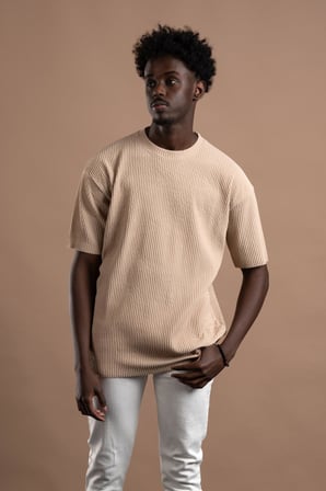 Oversize (Bol Kesim) Kalın Fitilli Bisiklet Yaka Kısa Kol T-shirt