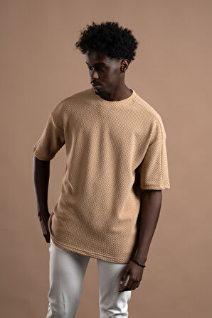 Oversize (Bol Kesim) Bisiklet Yaka Örgülü Likralı Kısa Kol T-shirt