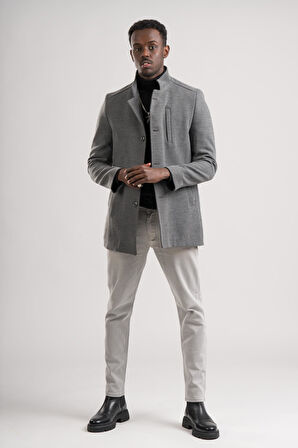 Slimfit Hakim Yaka Düğme Kapamalı Yan Cepli Astarlı Tek Yırtmaçlı Yünlü Kaşe Kaban