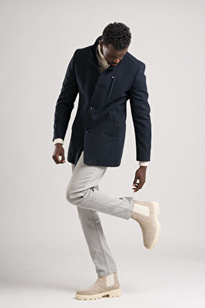 Slimfit Hakim Yaka Düğme Kapamalı Yan Cepli Astarlı Tek Yırtmaçlı Yünlü Kaşe Kaban