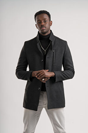 Slimfit Hakim Yaka Düğme Kapamalı Yan Cepli Astarlı Tek Yırtmaçlı Yünlü Kaşe Kaban