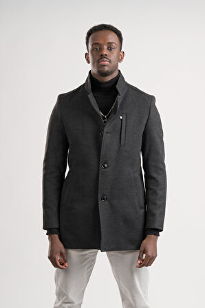 Slimfit Hakim Yaka Düğme Kapamalı Yan Cepli Astarlı Tek Yırtmaçlı Yünlü Kaşe Kaban