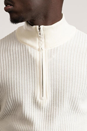 FBI Fermuarlı Balıkçı Kendinden Çizgili Örgülü Likralı Slimfit Triko Kazak 