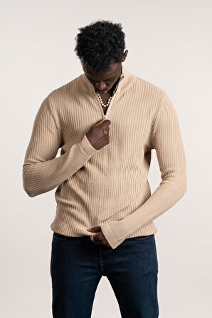 FBI Fermuarlı Balıkçı Kendinden Çizgili Örgülü Likralı Slimfit Triko Kazak 