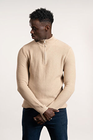 FBI Fermuarlı Balıkçı Kendinden Çizgili Örgülü Likralı Slimfit Triko Kazak 