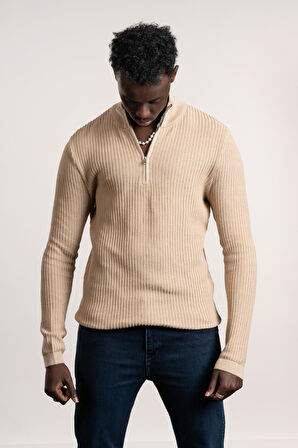 FBI Fermuarlı Balıkçı Kendinden Çizgili Örgülü Likralı Slimfit Triko Kazak 