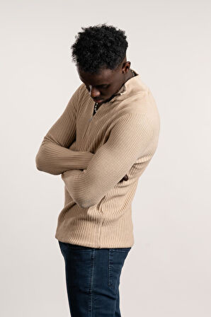 FBI Fermuarlı Balıkçı Kendinden Çizgili Örgülü Likralı Slimfit Triko Kazak 