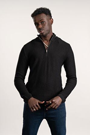 FBI Fermuarlı Balıkçı Kendinden Çizgili Örgülü Likralı Slimfit Triko Kazak 