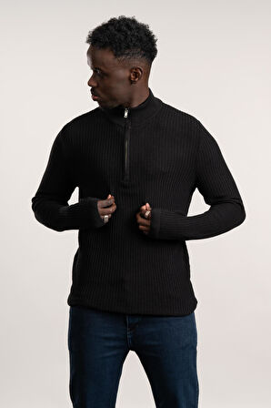 FBI Fermuarlı Balıkçı Kendinden Çizgili Örgülü Likralı Slimfit Triko Kazak 