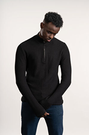 FBI Fermuarlı Balıkçı Kendinden Çizgili Örgülü Likralı Slimfit Triko Kazak 