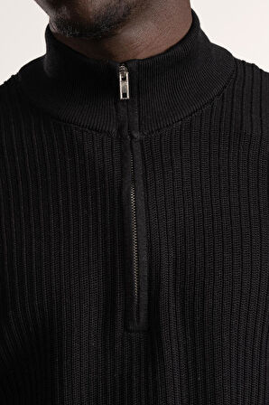 FBI Fermuarlı Balıkçı Kendinden Çizgili Örgülü Likralı Slimfit Triko Kazak 