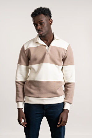 FBI Polo Yaka Kalın Çizgili 3 İplik İçi Şardonlu Slimfit Sweatshirt