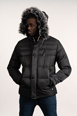 Kürklü Kapşonlu (Kürk ve Kapşon Çıkartılabilir) İçi Polarlı Slimfit Kısa Mont