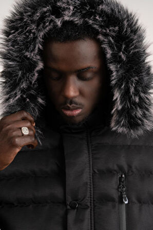 Kürklü Kapşonlu (Kürk ve Kapşon Çıkartılabilir) İçi Polarlı Slimfit Kısa Mont