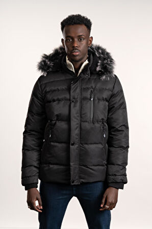 Kürklü Kapşonlu (Kürk ve Kapşon Çıkartılabilir) İçi Polarlı Slimfit Kısa Mont