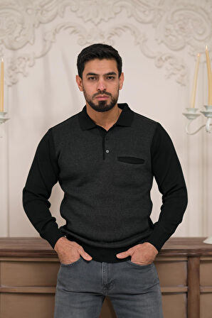 Woolen World Polo Yaka Cepli Armürlü Yünlü Erkek Triko Kazak 