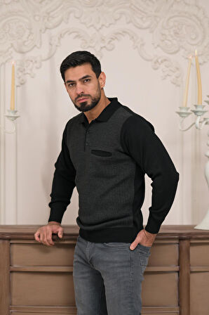 Woolen World Polo Yaka Cepli Armürlü Yünlü Erkek Triko Kazak 