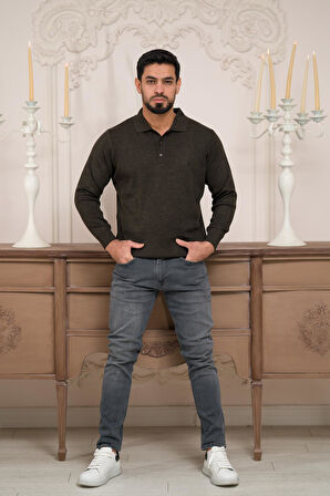 Woolen World Polo Yaka Düz Renk Yünlü Erkek Triko Kazak  