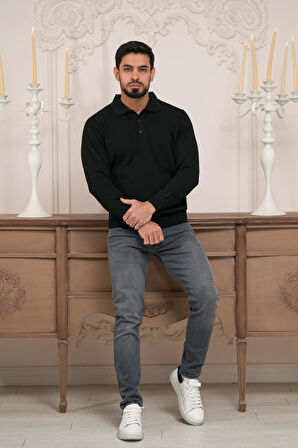 Woolen World Polo Yaka Düz Renk Yünlü Erkek Triko Kazak  