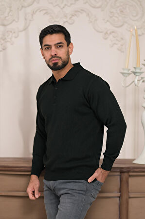 Woolen World Polo Yaka Düz Renk Yünlü Erkek Triko Kazak  
