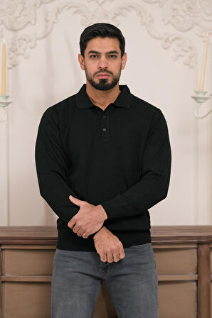 Woolen World Polo Yaka Düz Renk Yünlü Erkek Triko Kazak  