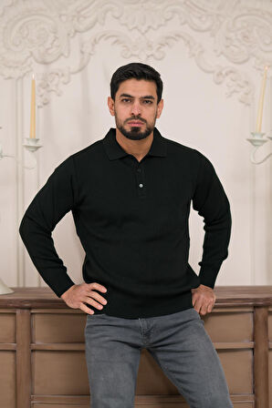 Woolen World Polo Yaka Düz Renk Yünlü Erkek Triko Kazak  