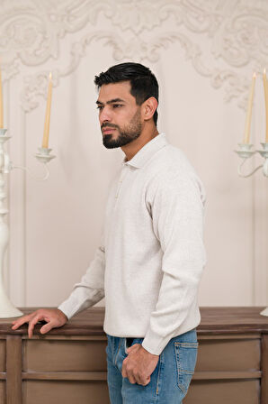 Woolen World Polo Yaka Düz Renk Yünlü Erkek Triko Kazak  