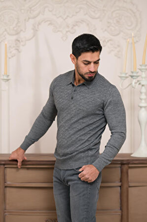 Woolen World Polo Yaka Slimfit Desenli Yünlü Erkek Triko Kazak  