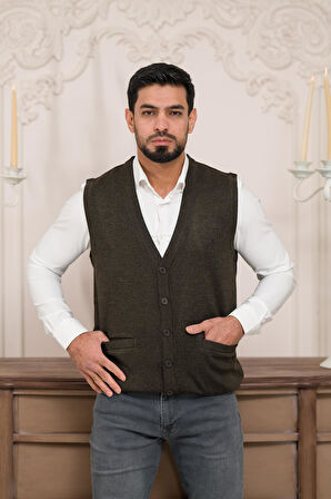 Woolen World Regular Fit Ön Cepli Kolsuz Erkek Triko Yelek