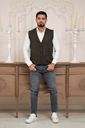 Woolen World Regular Fit Ön Cepli Kolsuz Erkek Triko Yelek