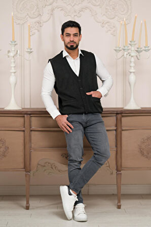 Woolen World Regular Fit Ön Cepli Kolsuz Erkek Triko Yelek
