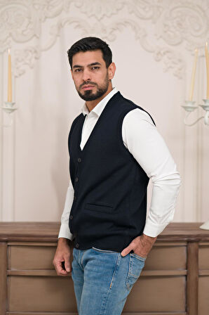 Woolen World Regular Fit Ön Cepli Kolsuz Erkek Triko Yelek