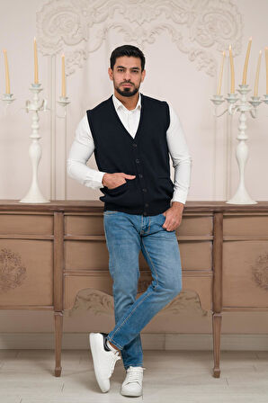 Woolen World Regular Fit Ön Cepli Kolsuz Erkek Triko Yelek