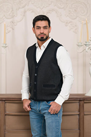 Woolen World Regular Fit Ön Cepli Kolsuz Bitik Desenli Triko Yelek