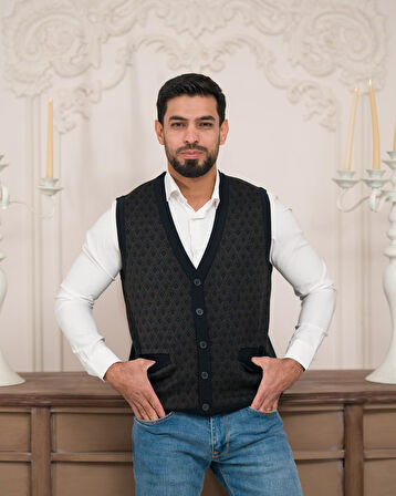 Woolen World Regular Fit Ön Cepli Desenli Kolsuz Erkek Triko Yelek