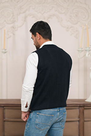 Woolen World Regular Fit Ön Cepli Desenli Kolsuz Erkek Triko Yelek
