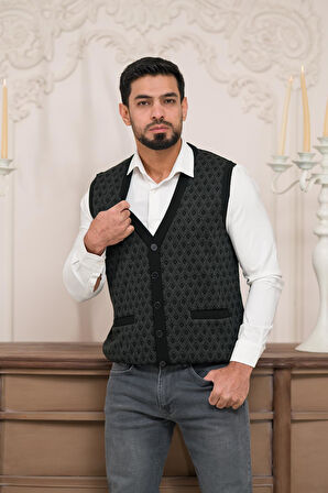 Woolen World Regular Fit Ön Cepli Desenli Kolsuz Erkek Triko Yelek