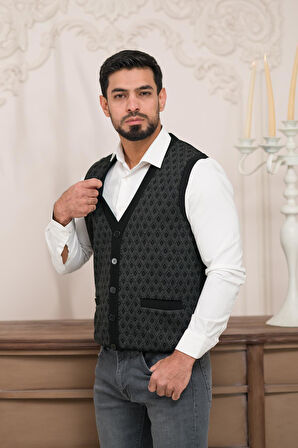 Woolen World Regular Fit Ön Cepli Desenli Kolsuz Erkek Triko Yelek