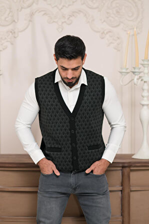 Woolen World Regular Fit Ön Cepli Desenli Kolsuz Erkek Triko Yelek