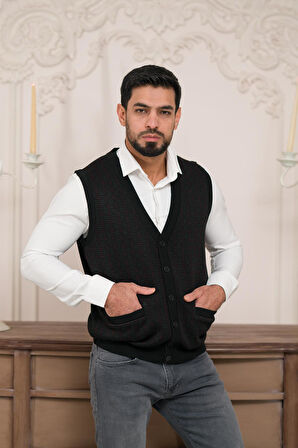 Woolen World Regular Fit Ön Cepli Desenli Kolsuz Erkek Triko Yelek