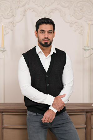 Woolen World Regular Fit Ön Cepli Desenli Kolsuz Erkek Triko Yelek