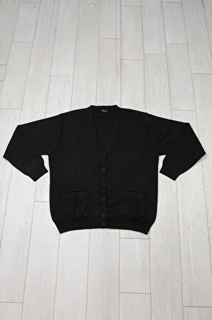 Ön Cepli V Yaka Battal (Büyük Boy) Düğmeli Yünlü Triko Hırka