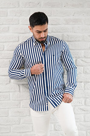 Paul Martin Kalın Çizgili Yaka Düğmeli Cepsiz Regular Fit Gömlek