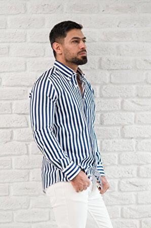 Paul Martin Kalın Çizgili Yaka Düğmeli Cepsiz Regular Fit Gömlek