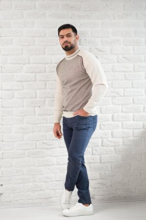 San&Fa Yarım Balıkçı Desenli Slimfit Yünlü Triko Kazak